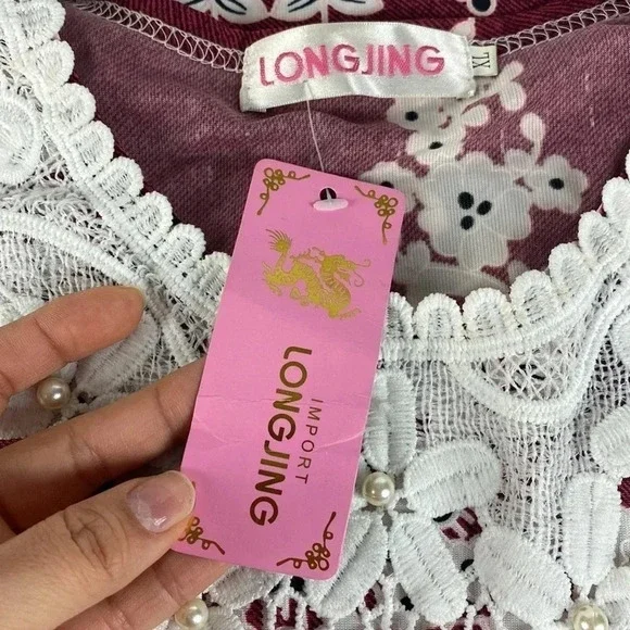 NWT burgundy floral lace print maximalist maxi feminine shift dress  medium - Picture 11 of 12